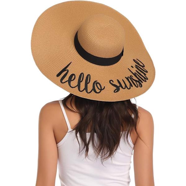 Dam bredbrättad halmhatt Floppy hopfällbar rulla upp keps strand solhatt UPF 50+ Style Fhello Sunshine Khaki