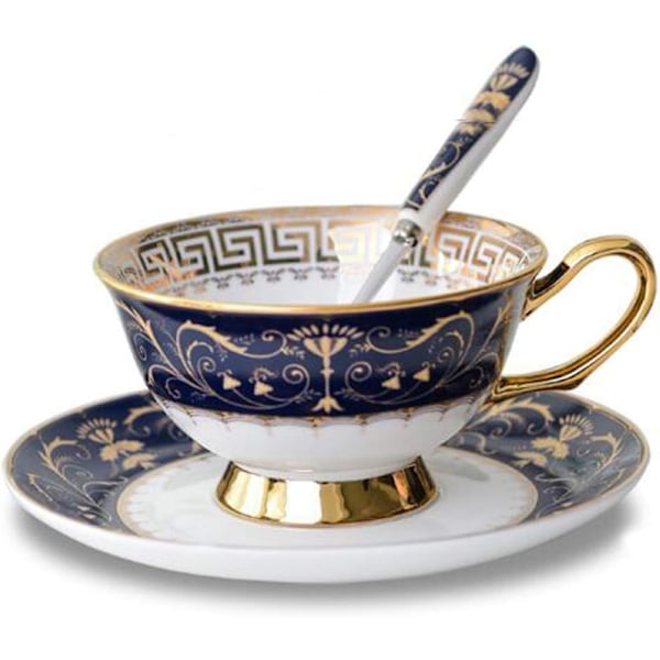 YBK Tech Euro Style Bone China Kop & Underkop Sæt, Keramisk Te Kaffe Kop til Hjem Køkken Bryllup (Royal Mønster - Dyb Blå) Royal Pattern Deep Blue
