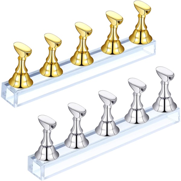 2 sæt akryl negle display stand negletip øvelse stand magnetisk negle øvelse holder fingernegl DIY negle stand til falske negletip manicure værktøj Gold and Silver