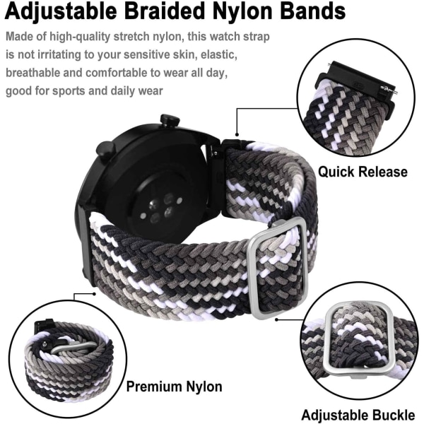 Nylonklockarmband, justerbara flätade öglor för män och kvinnor, 16 mm 18 mm 19 mm 20 mm 22 mm 24 mm att välja mellan Gradient Black / Silver Buckle 19mm