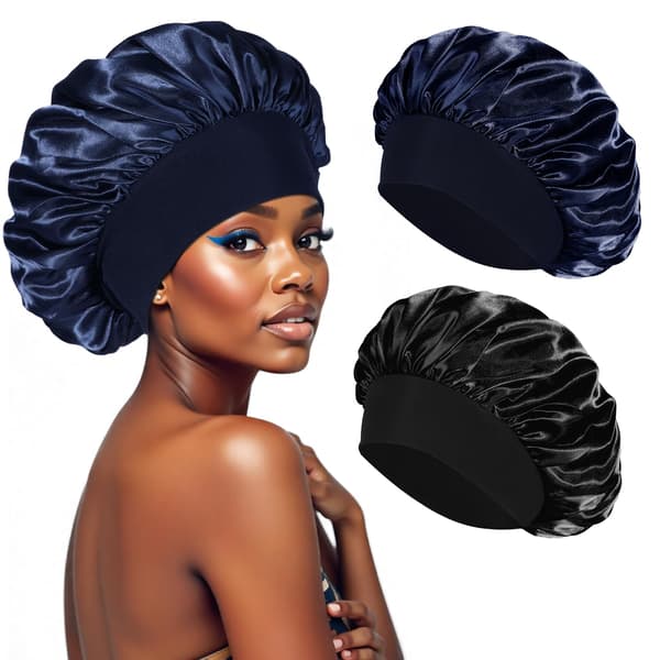 Satinmössa för hårstyling på natten, elastisk sidenmössa för hårvård black,Navy blue