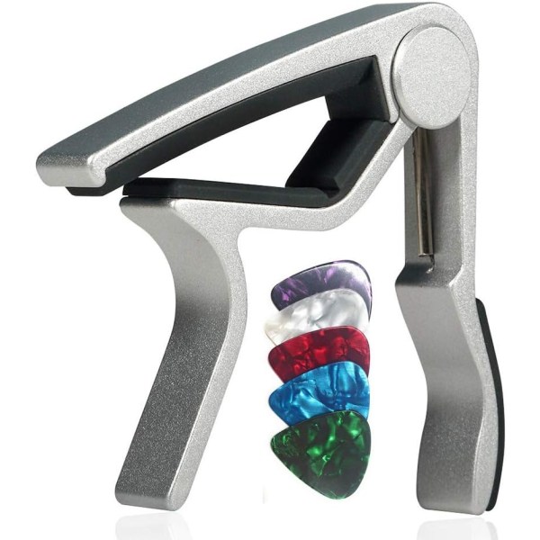 Gitar Capo for 6-strengs akustiske elektriske stål gitarer, Ukulele med 5 plekter - Sølv Silver