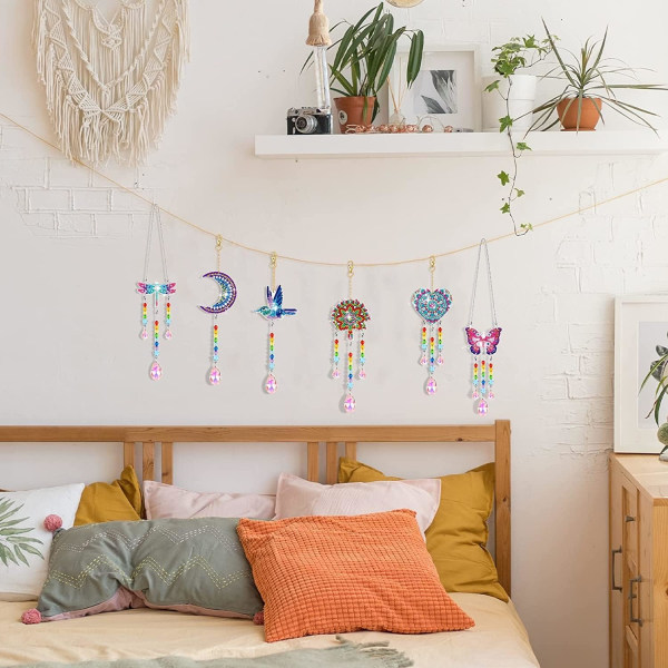 Taide- ja askartelusetit lapsille 7 8 9 10, DIY-timanttitaidetyttöjen lahja kideliuskalla, 5D-timanttimaalaus tuulikellot (6 kpl) Wind Chimes