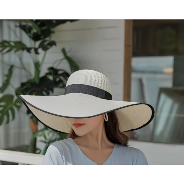 Kvinner sammenleggbar floppy bredbremmet stråsolhatt sommer strandhatt UV UPF 50+ 03Style White