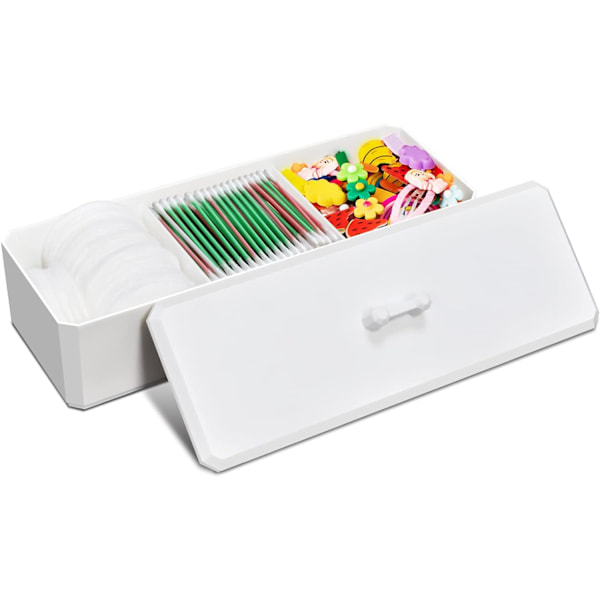 Förvaring för tops med lock, 3 fack, förvaringslåda för bomullspinnar, bomullsrondeller, bomullspads, plastbehållare med lock för badrumsskåp Plastic White