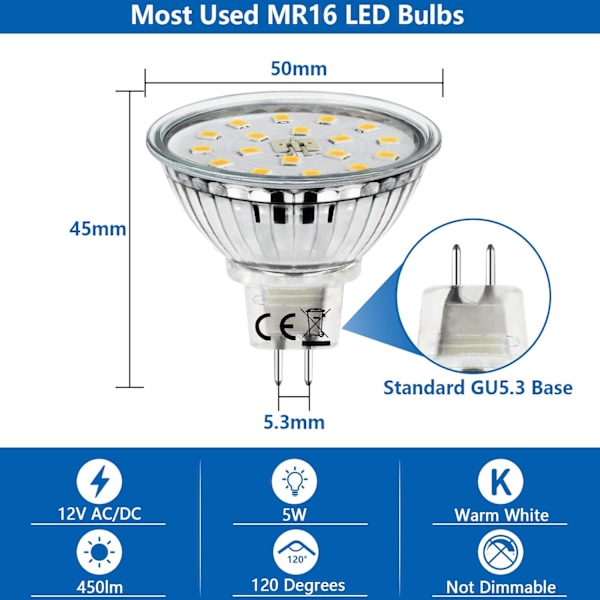 6X 5W MR16 LED-pærer, GU5.3 LED-lyspærer dagslys hvitt 4500K, 2-pin spotpærer 12V, energisparende lyspærer erstatter 45W halogen Neutral White 6 Count (Pack of 1)