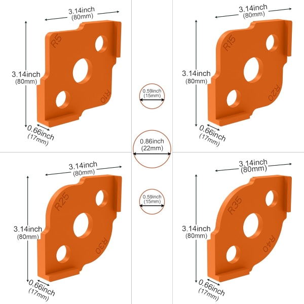 Radius Jig Router Skabeloner Hjørneradius Fræsning Skabeloner, ABS+CNC Høj Hårdhed Behandling Lim, Fræsning Afrundede Hjørner Bit Skabeloner, R5 2 sets of 8 packs