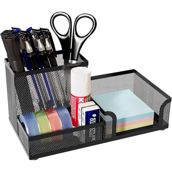 Kontor Mesh Skrivebordsarrangør Alsidig Papirvarer Opbevaring Desktop Sticky Note Organizer Pen Holder, Sort Black Mesh