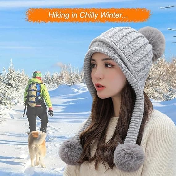 Women's Winter Hat Circle Scarf Set Ski Earmuffs Beanies Double Layer Fleece Lined Pom Poms