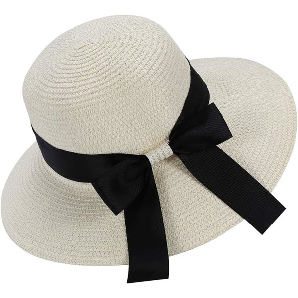 Kvinners solhatt Floppy sammenleggbar bowknot stråhatt sommer strandhette UV-beskyttelse UPF50 Offwhite One Size