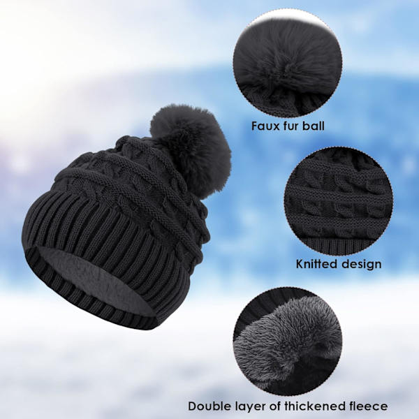 Mössa för kvinnor vintermössa termisk fleecefodrad hatt damer stickade ullmössor med konstpäls pompom Black One size