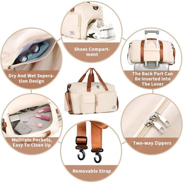 Sports- og træningstaske til kvinder og mænd med skorum, weekendrejsetaske, overnatningstaske til kvinder, sammenklappelig vandafvisende hospitalstaske Beige&brown (With Toiletry Bag)