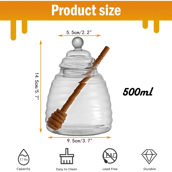 500 ml / 6,9 oz honungskruka med dipper, glasburk för honung och dipper-set, honungsdispenser, bikupa honungskruka för förvaring av honung och sirap Wood