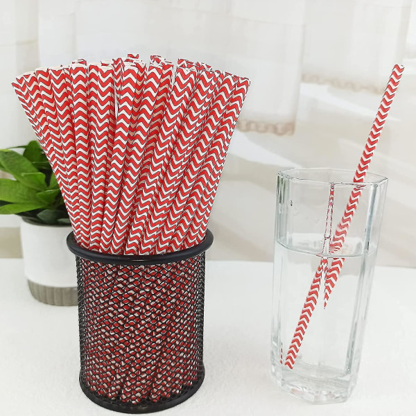 Pakkaus 100 kertakäyttöistä Wave-raidallista juomapaperipilliä (punainen)