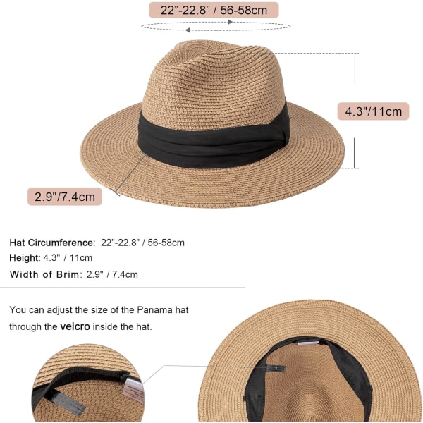 Dame Halm Panama Hat Fedora Strand Solhatt Bred Bremskjerm Halm Rull opp Hat UPF 50+ 1 Pc Panama Straw Hat: Khaki One Size