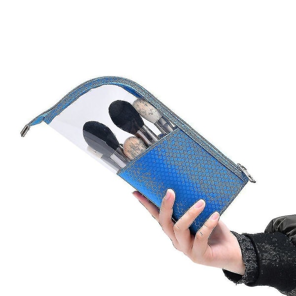 Portable Waterproof Stand Cosmetic Bag For Women Clear Zipper Makeup Bag;(blue)(1pcs)