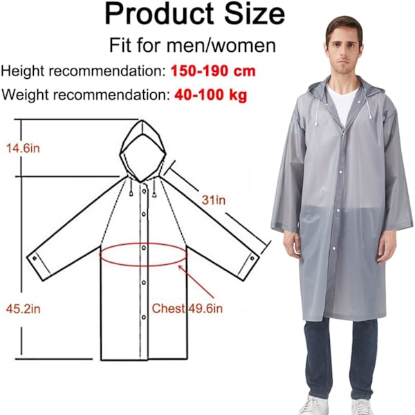 Regnponcho Regnfrakker til Voksne, 2 Pakke Genanvendelige Regnjakker Regnjakker med Hætter og Ærmer, Vandtætte til Nødsituationer, Udendørs, Camping, Disn Grey