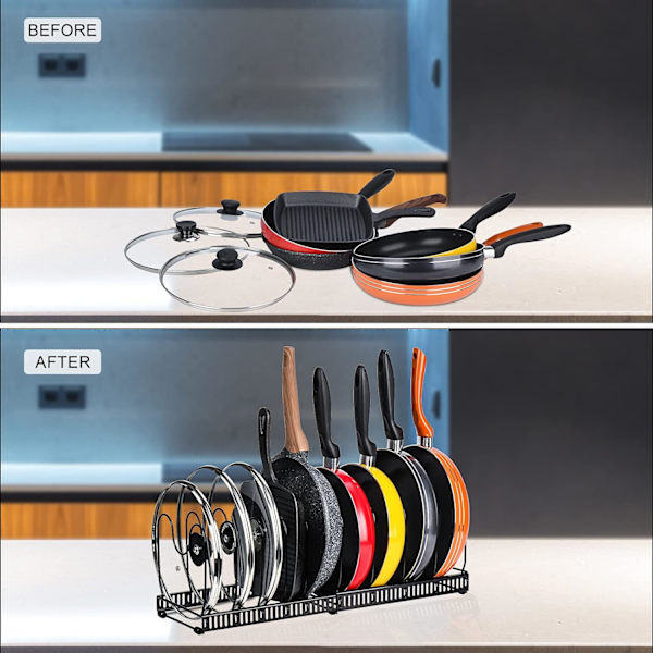 Expanderbar kastrullarrangör, 10 justerbara fack, skafferi skåp bakform lock platthållare, svart Pan Lid Organiser, Black