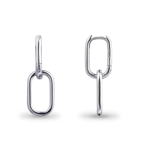 925 Sterling Silver Dubbla Ring Oval Huggie Hoop Örhängen för Kvinnor, Silver Hoop Hypoallergena Örhängen för Känsliga Öron, Square Hoop Chain Link Ea