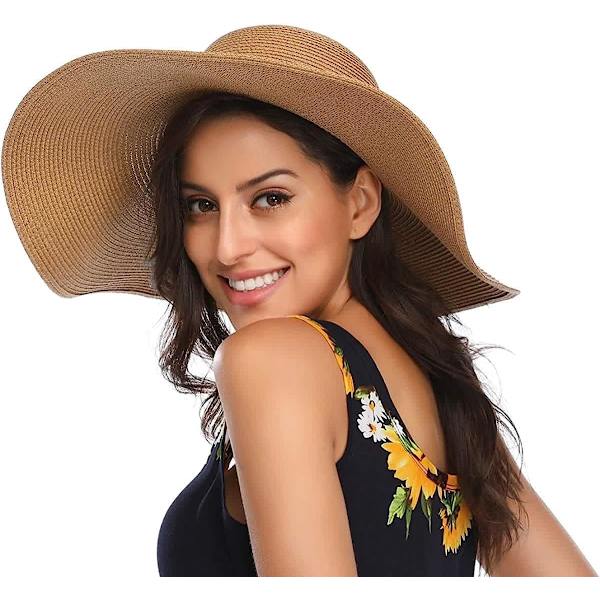 Kvinner sammenleggbar floppy bredbremmet stråsolhatt sommer strandhatt UV UPF 50+ 04Style Khaki