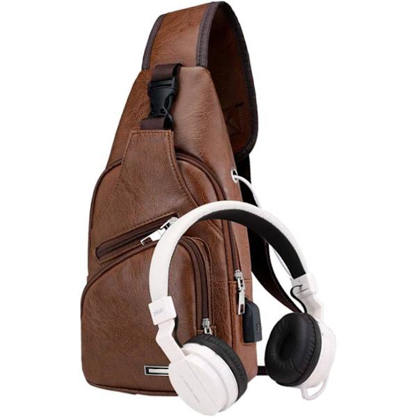 PU-nahkainen olkalaukku miehille ja naisille, pieni olkalaukku, crossbody-rintareppu, jossa USB-latausportti ja kuulokeliitäntä, ulkoiluun, matkustamiseen ja patikointiin #21brown(pu/Usb)