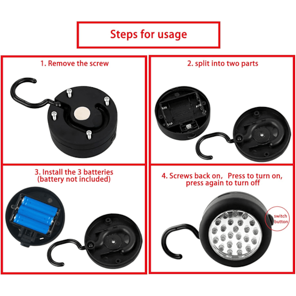 24 LED Rund Magnetisk Arbejdslampe Lommelygte Med Integreret Krog Og Magnet Sæt, Pakke Med 3 Black 3 Pack