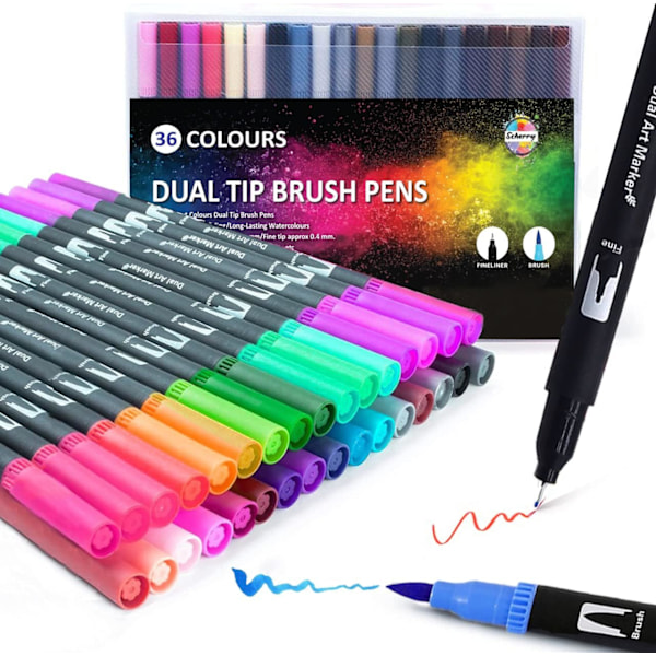 Färgpennor för vuxna Scherry Dual Tip Brush Pens Pack 36 Filtpennor Färgade Konstpennor för vuxna, Barnpennor för kalligrafi Komisk bokstäver