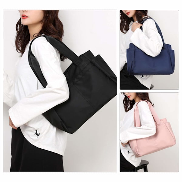 Nylon Tote Taske til Kvinder, Multi-Pocket Casual Skuldertaske Vandtæt Shopping Håndtasker indeholder 2 forlommer, 1 baglomme med lynlås, 2 sidelommer