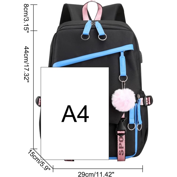 Teini-ikäisten tyttöjen reppu, keskikoululaisten kirjakassi, ulkoilureppu USB-latausportilla 5# Blue 19 Liters