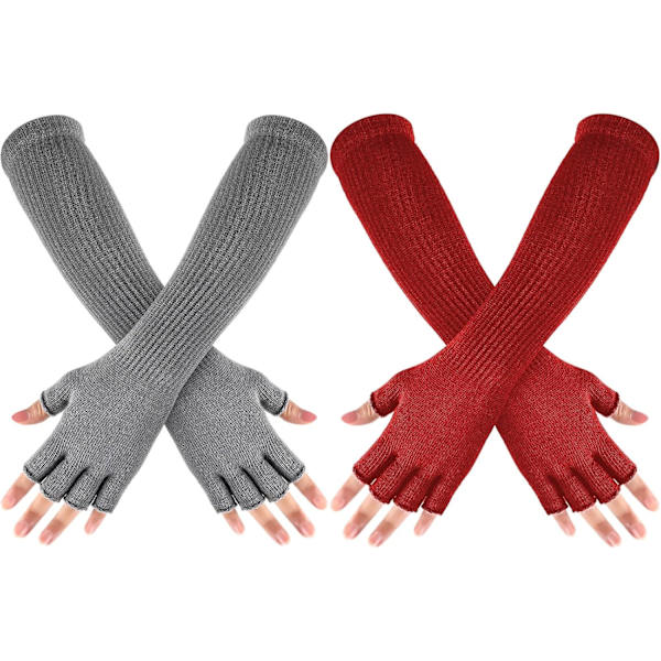 2 Par Vinters Fingerløse Handsker Lange Termiske Strikket Vanter Strækbare Strikket Armvarmere Halvfinger Handsker til Mænd Kvinder, 11 Tommer Light Gray, Red