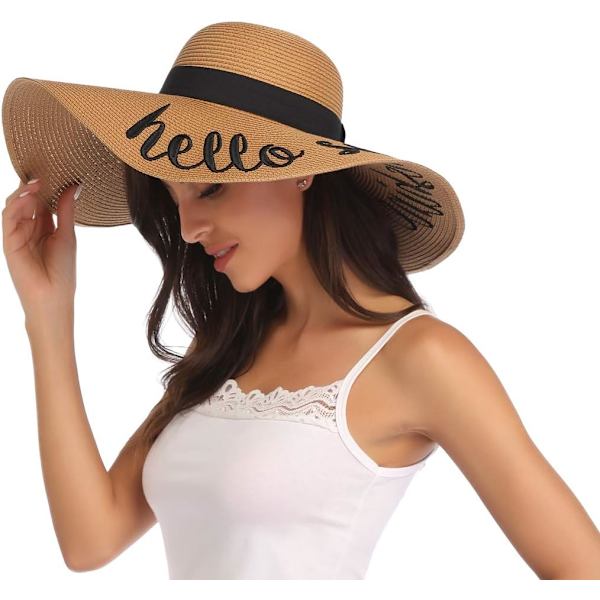 Dam bredbrättad halmhatt Floppy hopfällbar rulla upp keps strand solhatt UPF 50+ Style Fhello Sunshine Khaki