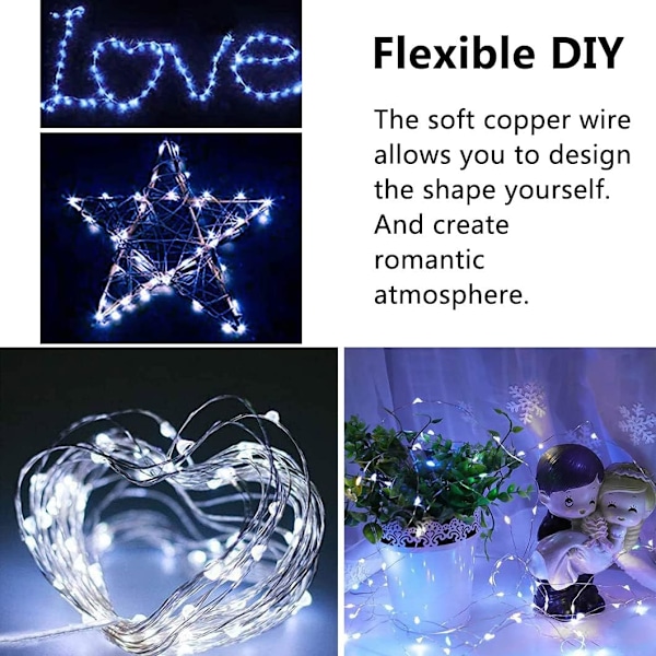 12 stk. Lysstreng, 20 LED Lys Kobbertråd Lys Batteridrevet, 2m Mikrobelysning Ildfluelampe til DIY Bryllup Fest Fødselsdag Kall vit