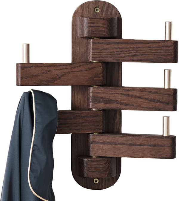 Oak Swivel Coat Rack, Solid Wood Hooks with 5 Swiveling Foldable Arms, 30 cm Long Wall Rack Hat Hooks for Bedroom (Walnut)