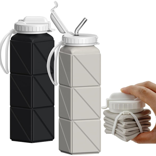 Hopfällbara Vattenflaskor, Silikon Vikbar Bärbar Vattenflaska 610ml, Lätt Vikt Återanvändbar Läcksäker för Resor Camping Vandring Cykling Yoga Black+starlight