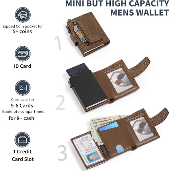 Kredittkortholder RFID-blokkering Minimalistisk Trifold Herre Lommebøker Automatisk Pop Up Metallveske med ID-vinduer og glidelåslomme Frosted Brown