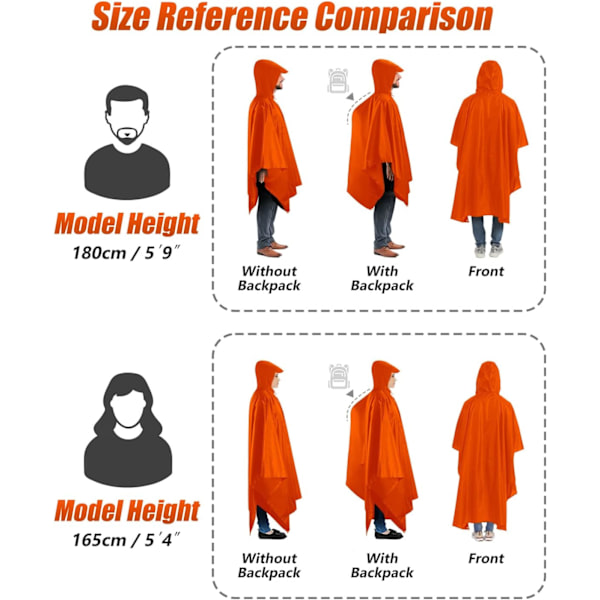 Vattentät poncho för vuxna, återanvändbar regnponcho för vuxna, vattentät poncho, vattentät vuxen, lätt vattentät regnrock för utomhusvandring camping C Orange L