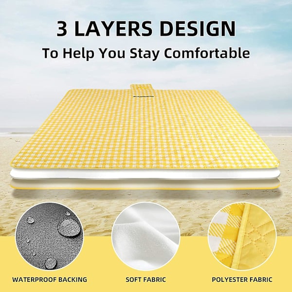 Piknikteppe Strandmatte Stor med Foldbar Sandsikker Piknik Strandmatte for Utenfor Gress Camping Reise Vaskbar Matte (150 * 200CM, Gul)