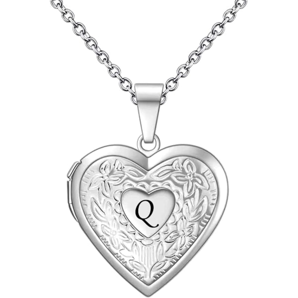Smycken Brev A-Z Initial Bild Foto Hjärta Medaljong Alfabetet Namn Födelsedag Hänge Halsband för Kvinnor Flickor Rostfritt Stål Q