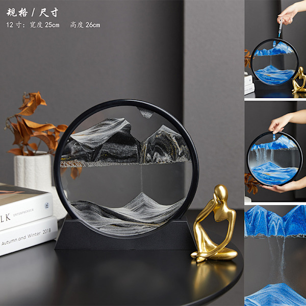 3D Timeglass Dyp Havsand Scene Flytende Bevegelse Display Maleri Kvikk Sand Bilde Ramme Avslappende Skrivebordsdekorasjon (Svart, 12 Tommer) 12 inches