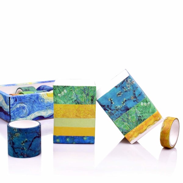 Washi Tape Sæt med 12 ruller,Van Gogh Starry Night Dekorative Grønne Blade Blomster Blå Gul Washi Masking Tape Sæt til Håndværk, Børn Yellow