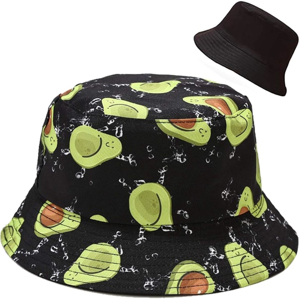 Söpö Bucket Hat Beach Fisherman hatut naisille, käännettävä kaksipuoleinen kuluminen Avocado Black