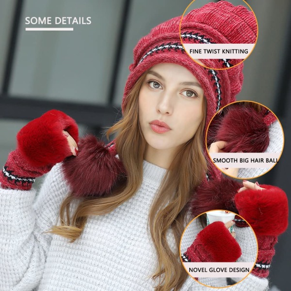 Dame Hattesæt Fluffy Vinterhue Strikket Beanie Outdoor Plys Foring Russisk Hat Pompom Øreklap med Handsker,rød