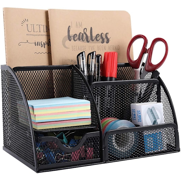 Kontor Mesh Skrivebordsarrangør Alsidig Kontorartikler Opbevaring Desktop Organiser Pen Holder med Skuffe, Sort Black