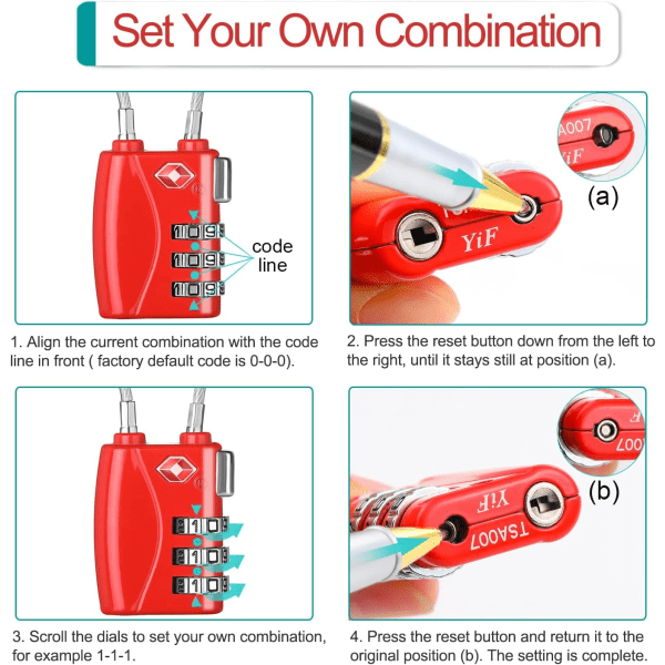 Kuffertlåse Kombination, TSA-lås, 5,5 tommer fleksibelt kabelrejselås, rygsæklås til bagage, bagage, attachémapper, lille hængelås til gymnastiksal 2p, Black & Red