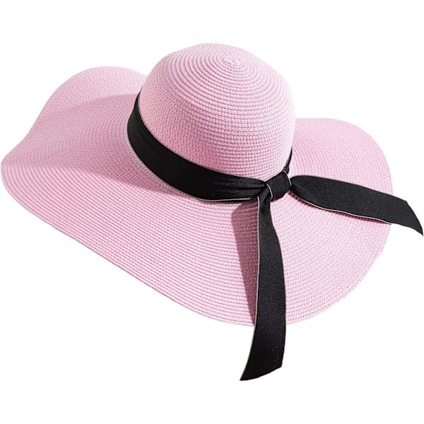 Damhatt i Halm med Bred Brätte, Floppy, Vikbar, Strandhatt, Solhatt, UPF 50+ Bowknotpink