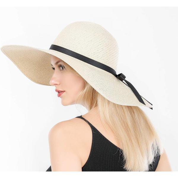 Damebred Strawhat med Bred Skygge, Foldbar, Rulbar, Strandhat, Solhat, UPF 50+ Style Lbeige