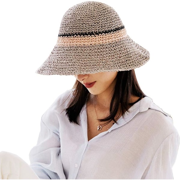 Solhatt Floppy Halmhatt Bred Brätte Fällbar UV-skydd Hink Sommar Strandhatt för Flickor Kvinnor Grey One Size