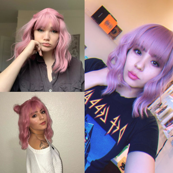 Pastellfärgad vågig peruk med luftig lugg, kort bob lila rosa peruk för kvinnor, lockig vågig axellång syntetisk cosplay färgglad peruk (12\", Lila Rosa)