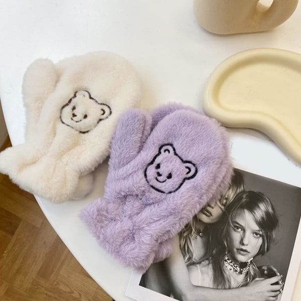 Plushdjursvantar med Fuzzy Bear-motiv - Vintermjukt, Hel Finger, Tjocka Vantar, Håller Varma, Ridvantar -