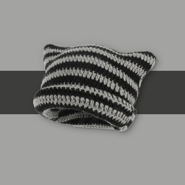 Dam Cat Beanie Stickade Hattar Med Öron Stickade Randiga Vinter Varma Slouchy Elastisk Mössa För Flickor Vuxna Barn Black, gray One size